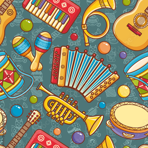 Musical instrument seamless pattern. Cartoon style