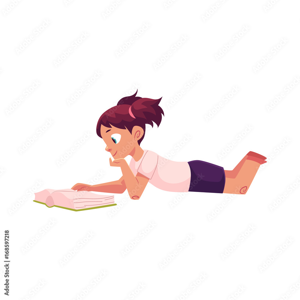 Little girl reading a thick interesting book, lying on the floor, cartoon  vector illustration isolated on white background. Cartoon little girl lying  on the floor with think book, absorbed in reading Stock