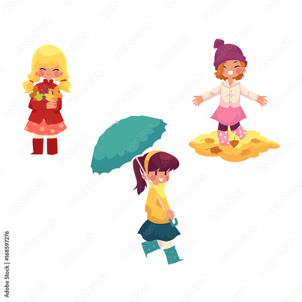 vector girls character set. Kid keeping umbrella in hand,, girls collect autumn  falling leaves throw it up in autumn clothing. cartoon isolated  illustration on a white background Autumn kids activity Stock Vector |