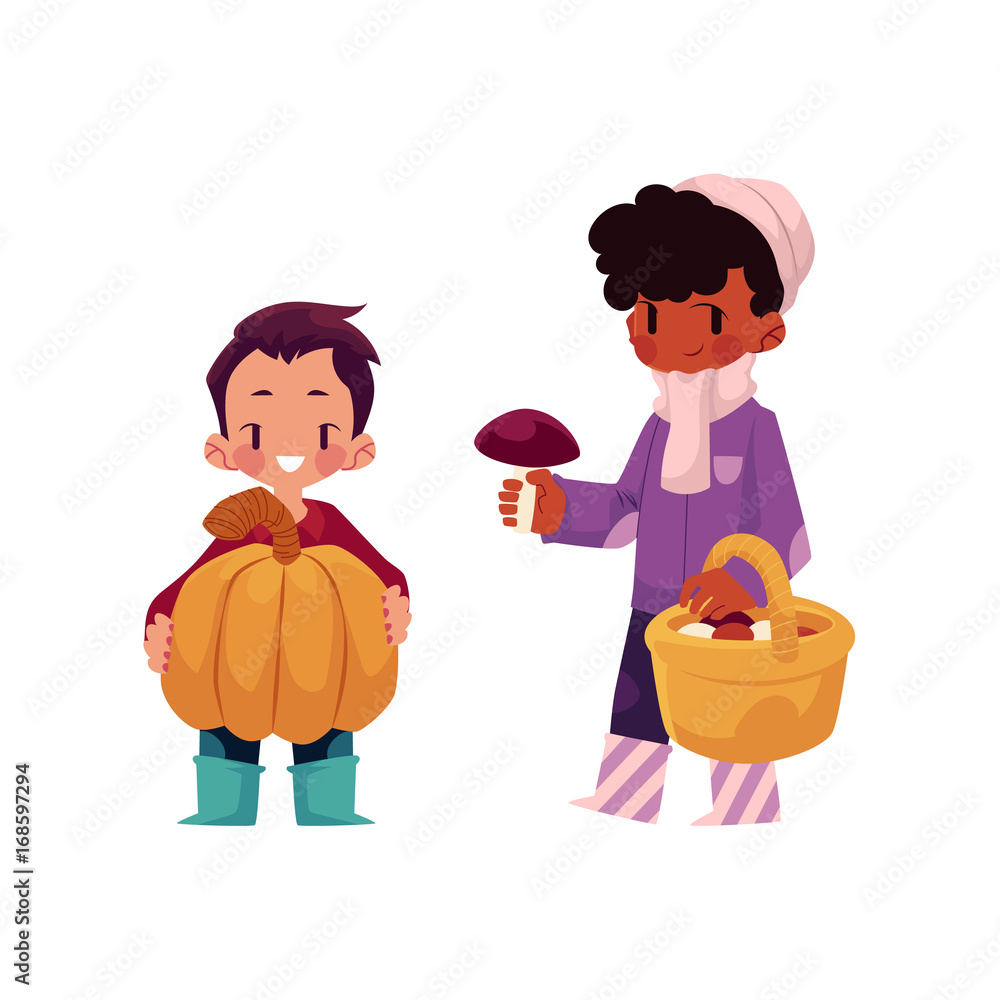 vector girls character set. Boy keeping big pumpkin, girl collecting mushrooms in autumn clothing. cartoon isolated illustration on a white background. Autumn kids activity vector girls character set. Boy keeping big pumpkin, girl collecting mushrooms in autumn clothing. cartoon isolated illustration on a white background. Autumn kids activity