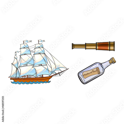 Beautiful sailing ship, sailor telescope, spyglass and message in bottle, sketch style cartoon vector illustration isolated on white background. Cartoon set of sailing ship, telescope, bottle message