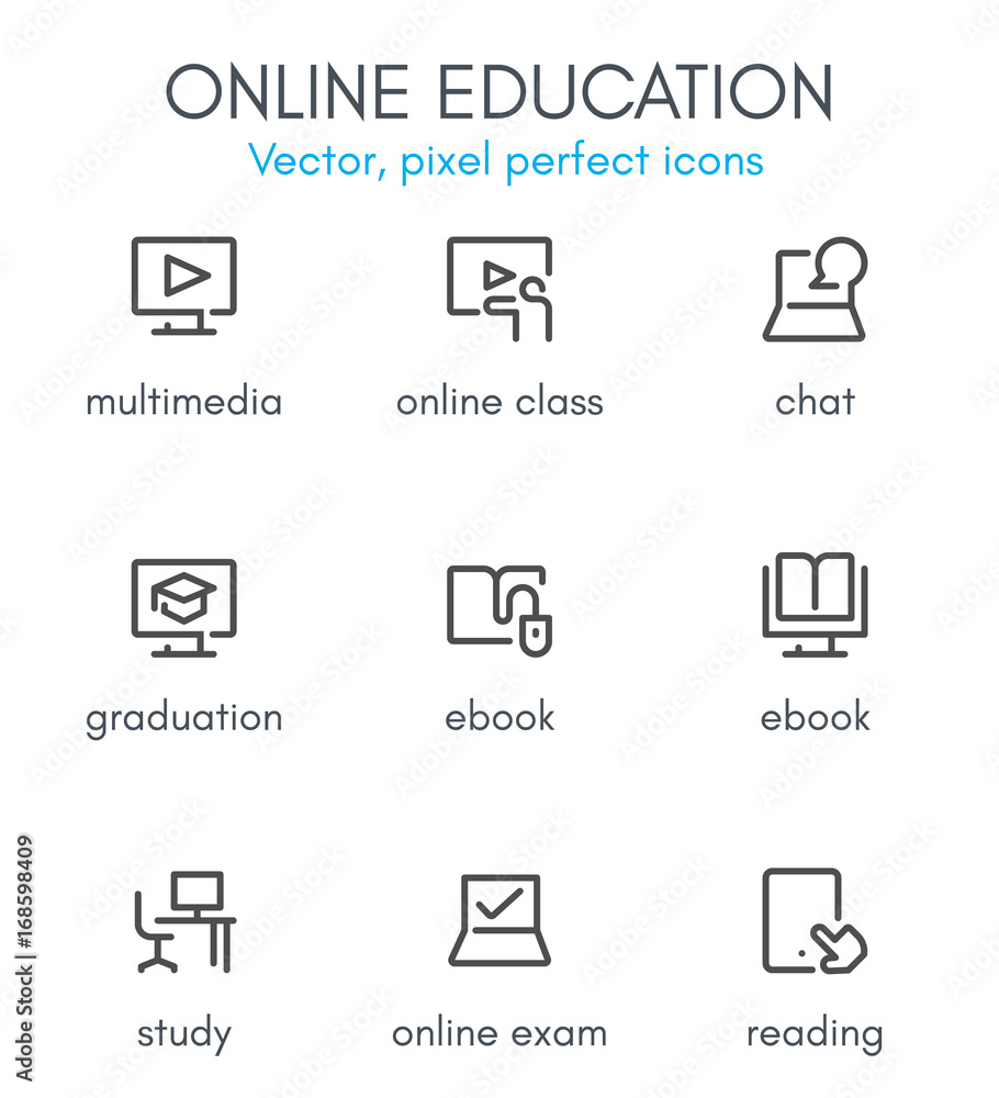 Online education theme, line icon set. Online education theme, line icon set.