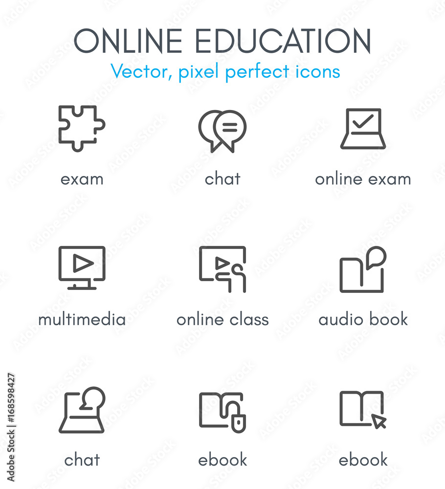 Fototapeta premium Online education theme, line icon set.