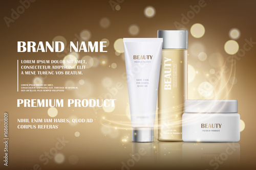 A beautiful cosmetic template for ads, realistic 3d white tube, gold bottle and white jar on background with flare effect. Moisturizing skincare cream, hair oil premium product