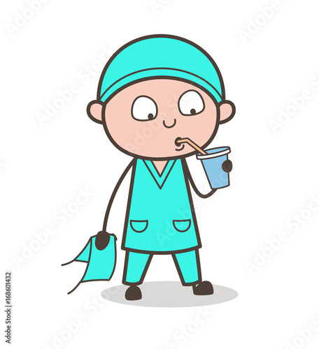 Cartoon Thirsty Surgeon Drinking Beverage Vector Illustration