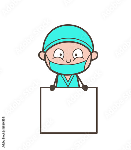 Cartoon Surgeon with Blank Information Banner Vector Illustration