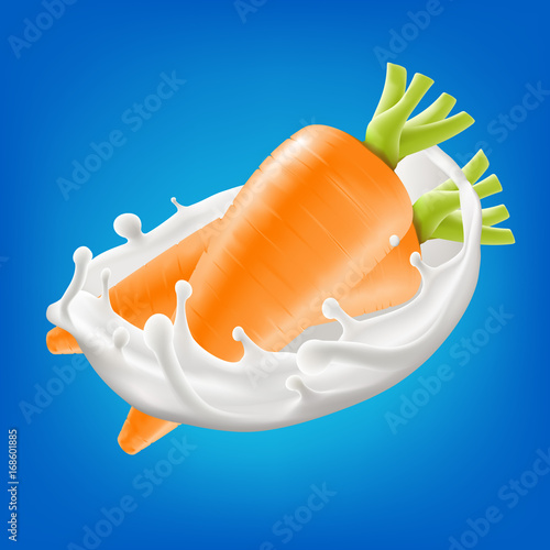 Milk splash with fresh carrot 3d vector background illustration