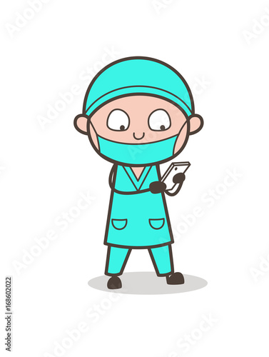 Cartoon Dentist Typing Message in Mobile Vector Illustration