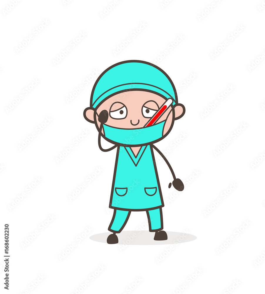 Cartoon Ill Dentist with Fever Thermometer in Mouth Vector Illustration