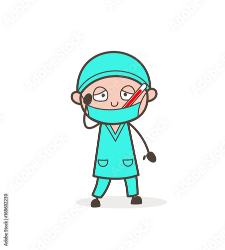 Cartoon Ill Dentist with Fever Thermometer in Mouth Vector Illustration