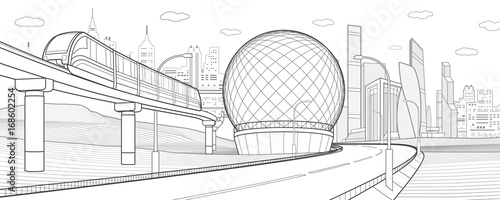City infrastructure and transport illustration. Monorail railway. Train move over bridge. Spherical building. Modern city. Towers and skyscrapers. Black lines on white background. Vector design art