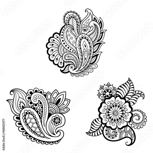 Henna tattoo flower template. Mehndi style. Set of ornamental patterns in the oriental style.