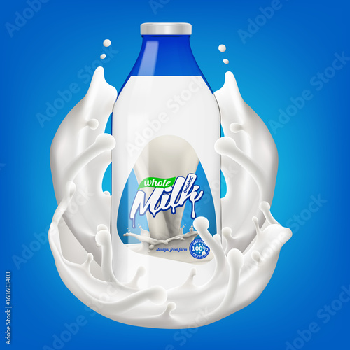 Milk bottle in splashing milk 3d vector icon illustration