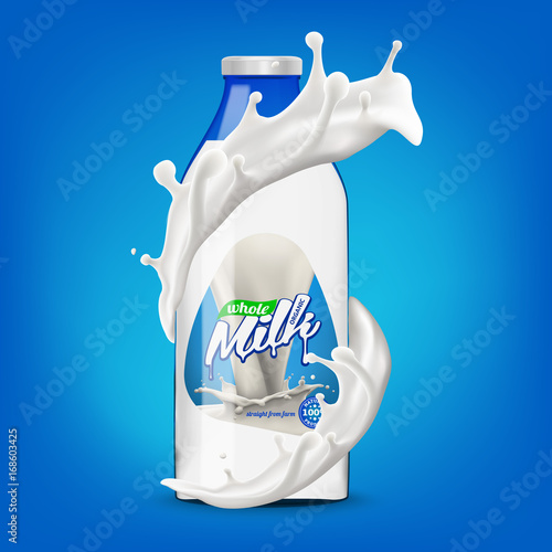 Milk bottle in splashing milk 3d vector icon illustration