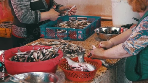 Woman Fish Seller Cleans and Cutting Fresh Fish in Fish Market. Manual cleaning of fish. Gut, Evisceration, Processing. Batumi, Georgia. photo