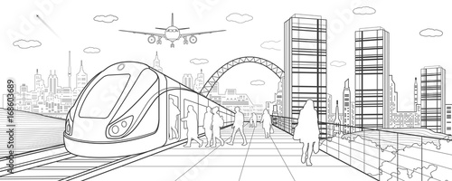 City and transport illustration. Passengers get on train, people at station. Airplane fly. Modern town on background, towers and skyscrapers. Black lines. Vector design art