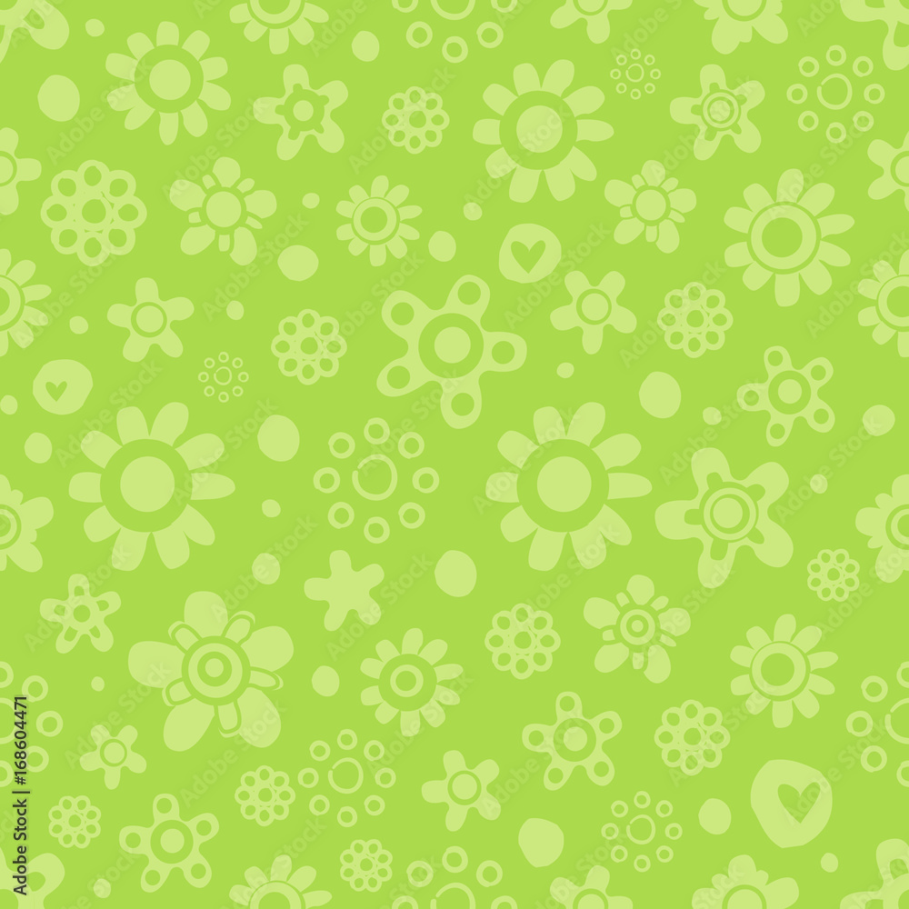 Seamless pattern with cute flowers in green monochrome colors on green background.
