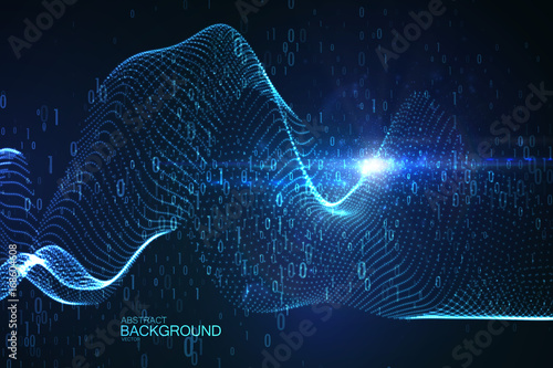 Abstract virtual digital wave of binary code particles
