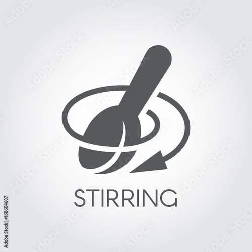 Stirring spoon with arrow direction icon. Symbol for recipes, culinary books, websites and mobile applications. Black flat image. Vector illustration on a gray background