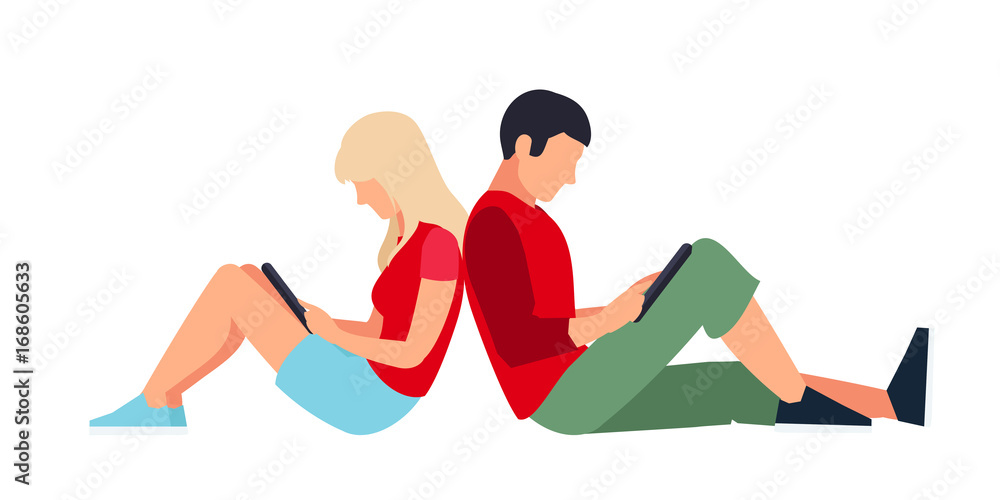 Couple young people sit back to back and read using a tablet pc. Couple young people sit back to back and read using a tablet pc.