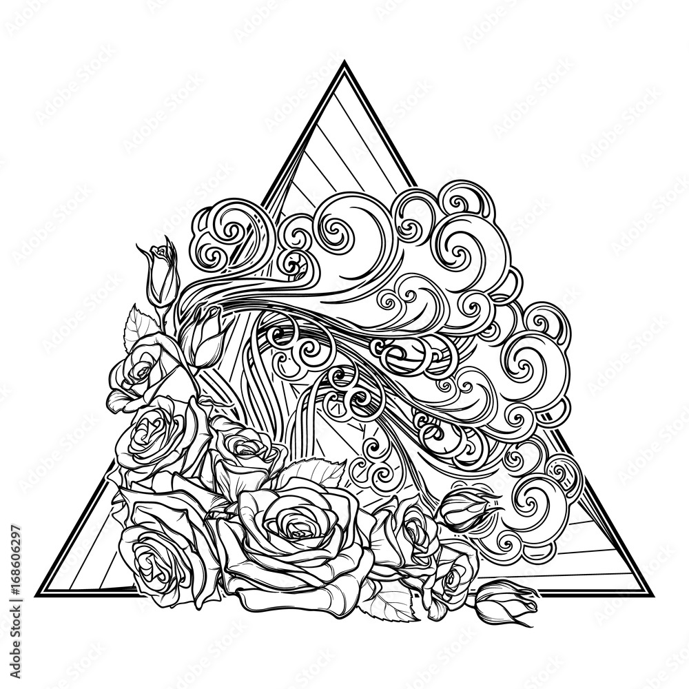 Astrology symbol - Air element. Decorative vignette with curly clouds and  rose flower garland on a triangle. Linear drawing isolated on white.  Concept design for the tattoo, colouring book or postcard Stock