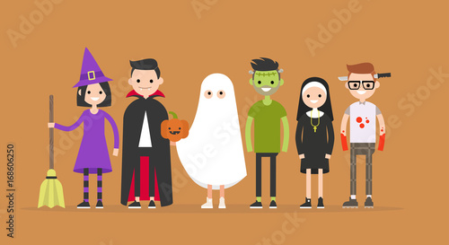 Halloween characters set: witch, Dracula, ghost, Frankenstein, nun, maniac / flat editable vector illustration, clip art