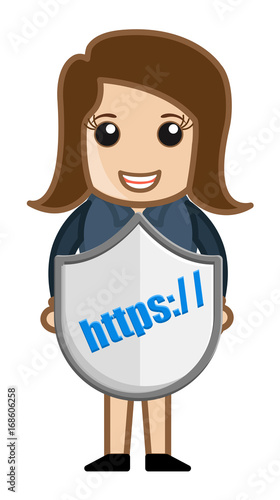 Happy Young Girl Showing secure website https Shield Vector