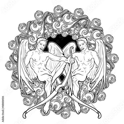 Gemini Zodiac sign with a decorative frame of clouds. Alchemy element - Air. Beautiful male twins. Concept art for horoscopes, tattoo design, colouring books. Gay Pinup isolated on white background.