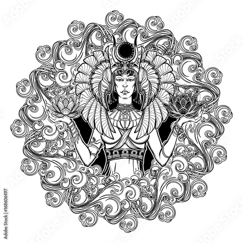 Zodiac sign Libra. Egyptian goddess Isis balancing in hands black and white lotus as a symbol of equilibrium. Decorative frame of clouds. Vintage art nouveau style concept art for horoscope or tattoo