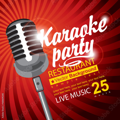 Vector banner for restaurant with a microphone, calligraphic inscription Karaoke party and place for text on red abstract background photo