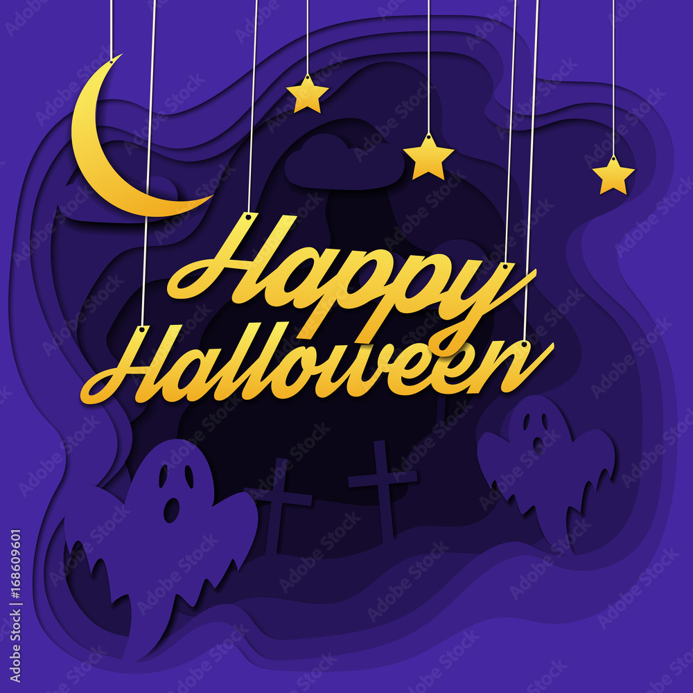 Naklejka premium Happy halloween 3d abstract paper cut illlustration of cemetery, moon, ghosts.