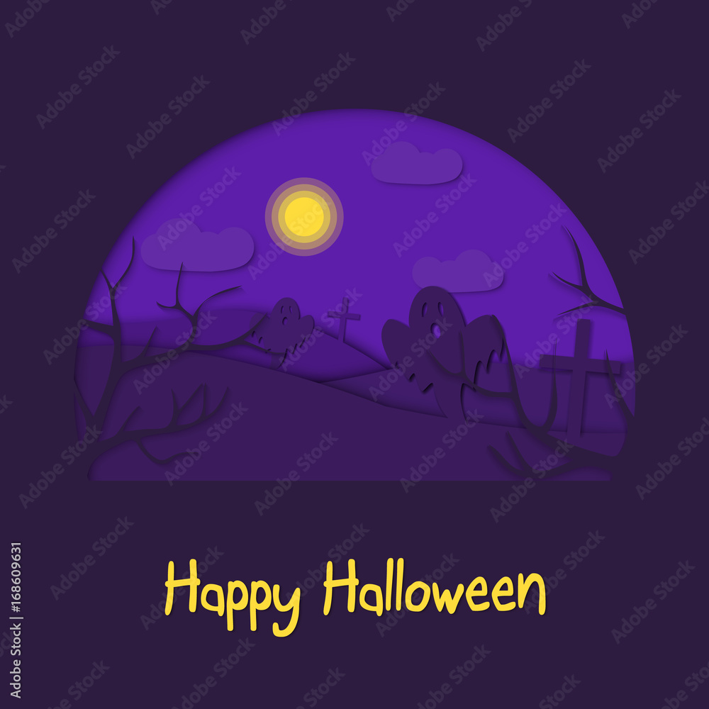 Happy halloween 3d abstract paper cut illlustration of cemetery, moon, ghosts.