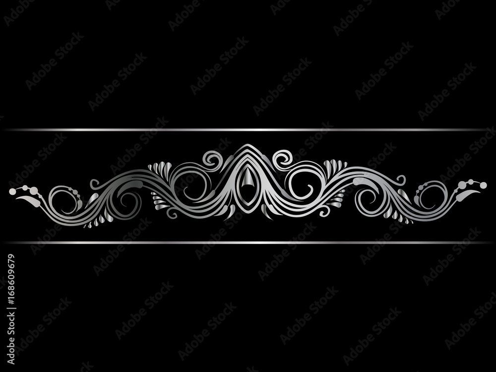 Silver indian line art border in mehendi ethnic style on a black background