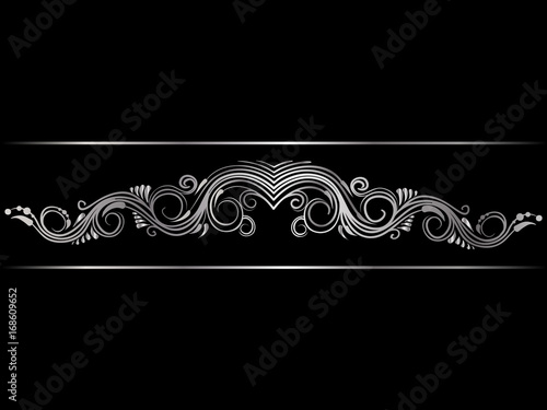 Silver indian line art border in mehendi ethnic style on a black background