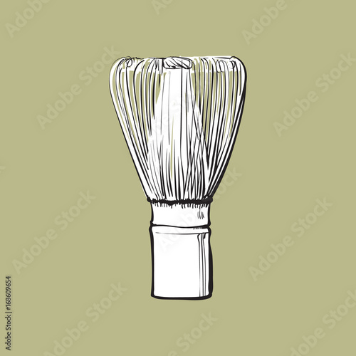 Side view drawing of wooden whisk for matcha tea preparation, sketch style vector illustration isolated on color background. Realistic hand drawing of bamboo whisk for matcha