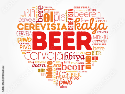 BEER love heart in different languages of the world (english, french, german, etc), Word Cloud collage, multilingual background
