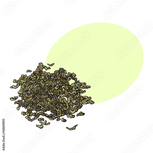 Hand drawn pile, heap, handful of dry, fermented green tea leaves, sketch vector illustration isolated on white background with speech bubble