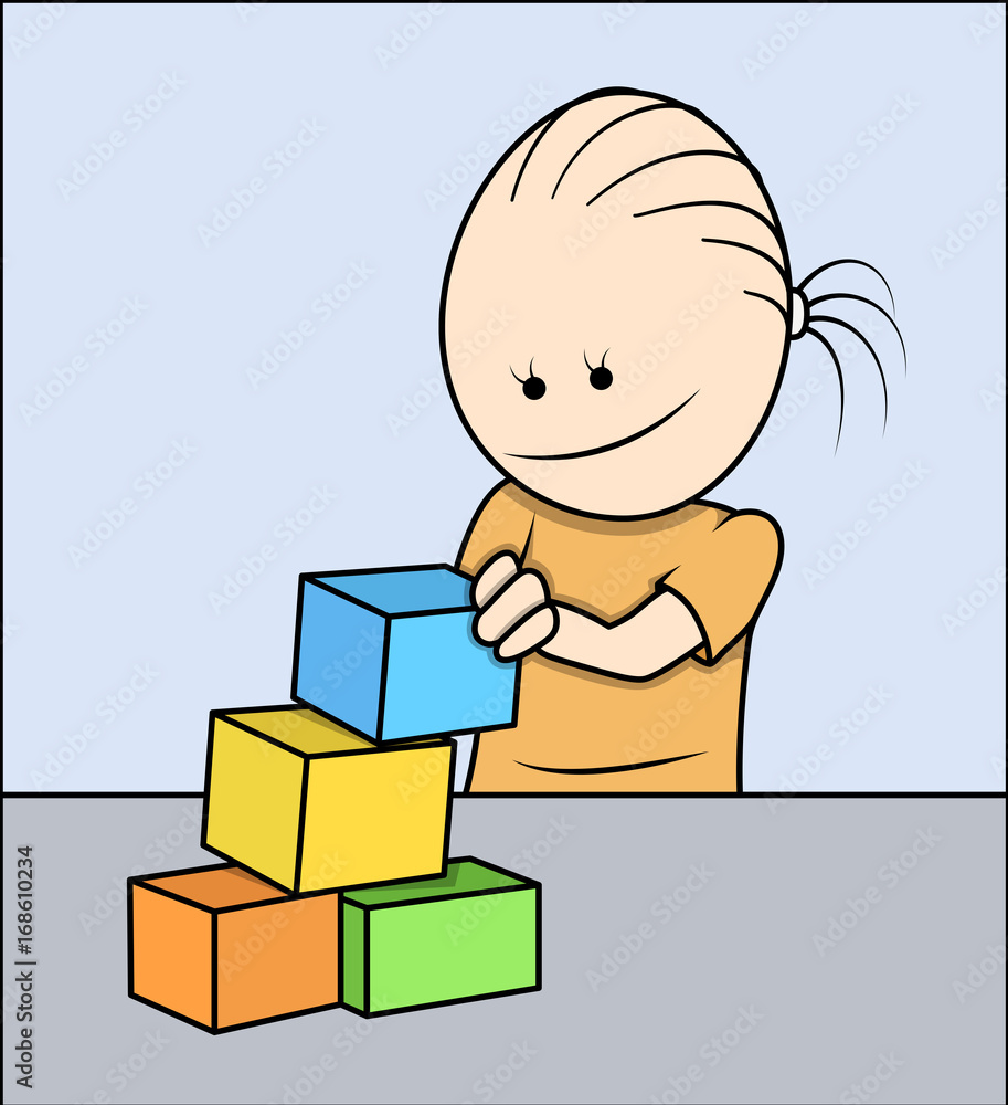 Happy Cartoon Girl Playing with wooden Blocks