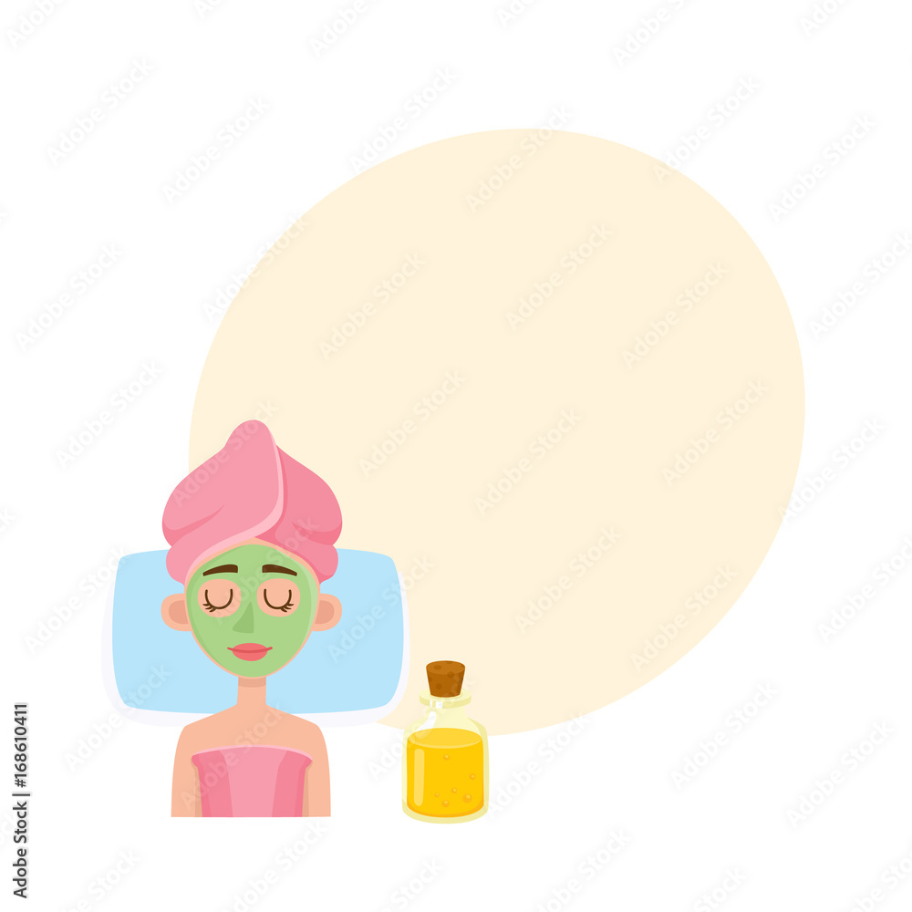 Cosmetician applying cream, mask on young woman face in spa salon, top view cartoon vector illustration with space for text. Top view picture of woman getting facial mask in spa, cosmetic procedure
