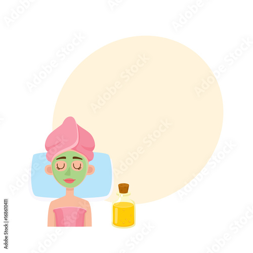 Cosmetician applying cream, mask on young woman face in spa salon, top view cartoon vector illustration with space for text. Top view picture of woman getting facial mask in spa, cosmetic procedure