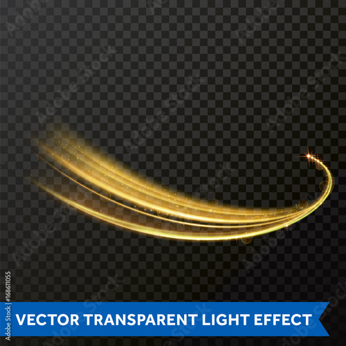 Light line gold swirl effect. Magic sparkle swirl trail effect on transparent background. Bokeh light glitter round wave line with sparkling particles. Vector glitter light fire flare trace