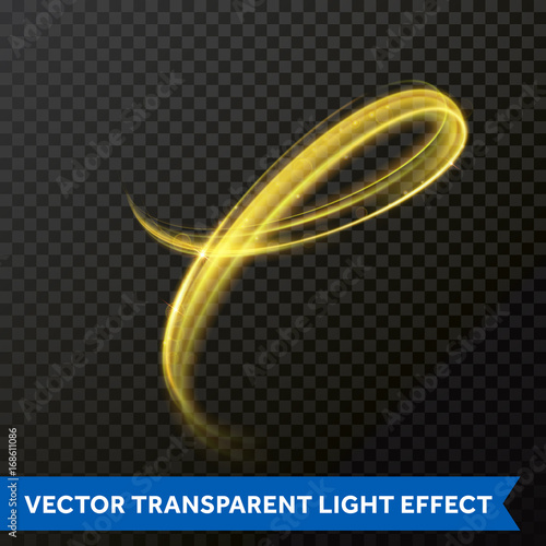 Light trail or gold line swirl glittering effect. Vector glitter light of fire flare trace or magic glitter particles sparkles. Bokeh light round wave with sparkling glow on transparent background