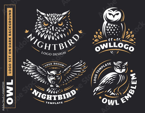 Owl logo set- vector illustrations. Emblem design on black background photo