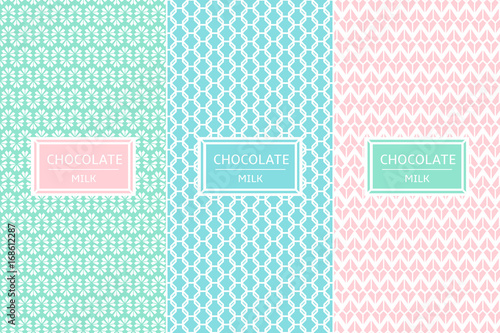 Chocolate Package set template vector. Collection of seamless patterns for gentle pastel label design. Tag for eco cocoa products, organic sweet desserts, cafe and handmade candy shop.