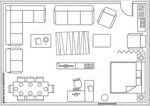 Set of icons for architectural plans. Drawing furniture living room, bedroom, dining room. Vector graphics