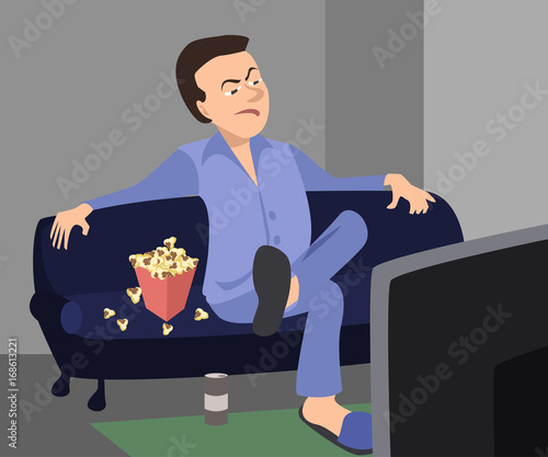 man watching TV with sarcastic expression -
 vector cartoon