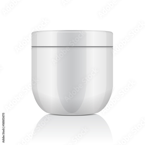 Round white plastic jar with lid for cosmetics. creme, gel, ointment, balm. Vector mockup template