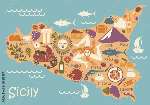 Stylized map of Sicily with traditional symbols photo