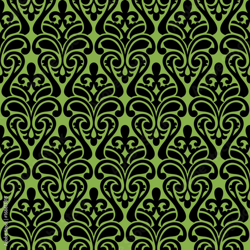 Black damascus ornament, seamless pattern on greenery background, . Trend color spring 2017