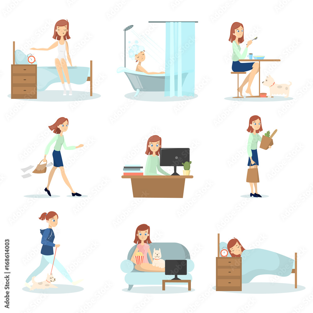 Woman daily routine. Woman daily routine.